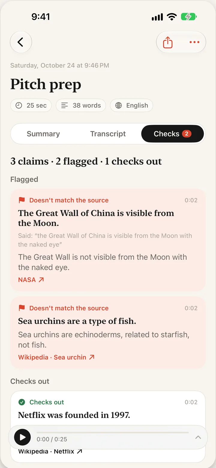 The Checks tab listing three claims: two flagged with NASA and Wikipedia sources, one that checks out