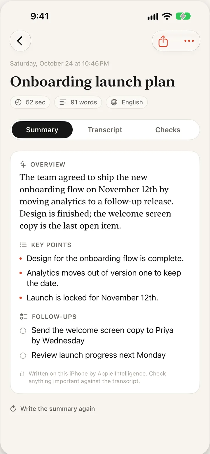 A meeting summary with an overview, key points and follow-ups