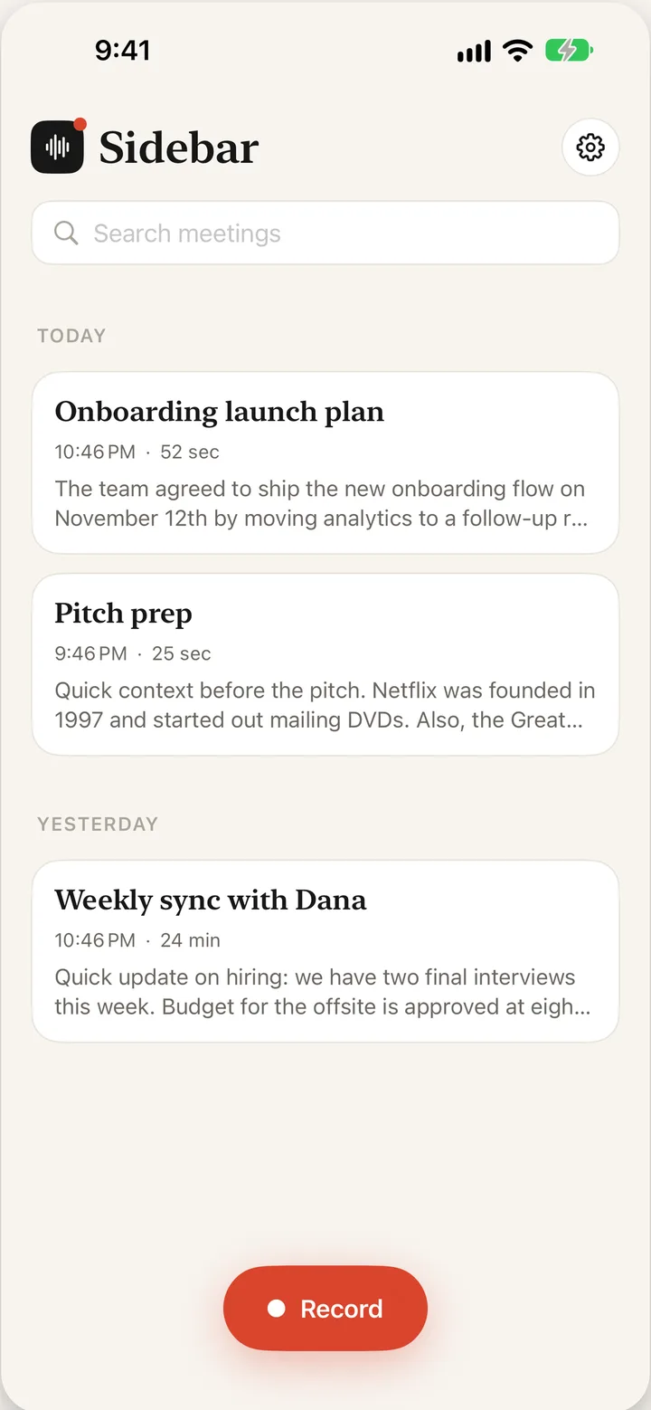 The Sidebar home screen listing recent meetings
